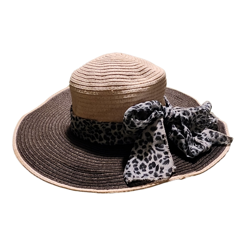 Two-Tone Brown & Beige Wide-Brim Sun Hat with Leopard Bow Accent